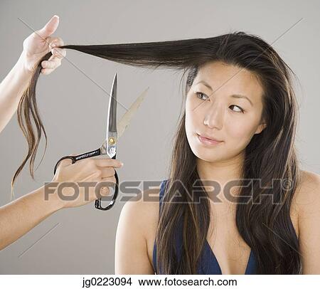 Person holding scissors next to piece of Asian woman's hair View Large Photo Image Picture - Person holding scissors next to piece of Asian woman's hair. Fotosearch