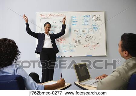 Stock Photo - African businesswoman cheering in front of whiteboard. Fotosearch