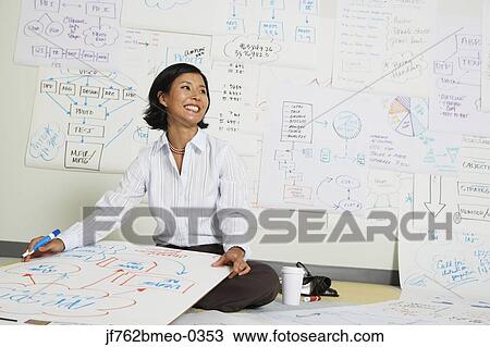 Stock Image - Asian businesswoman working on flow chart. Fotosearch
