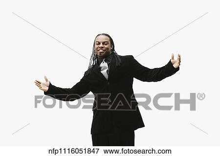Portrait of African businessman with arms outstretched View Large Photo Image Stock Photo - Portrait of African businessman with arms outstretched . Fotosearch