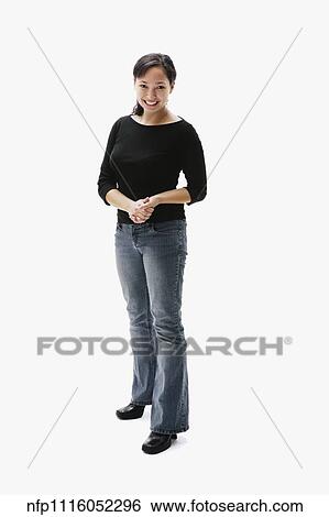 Stock Photograph - Portrait of Native American woman with hands clasped. Fotosearch