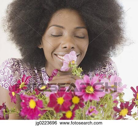 Close up of African woman smelling flowers View Large Photo Image Stock Photograph - Close up of African woman smelling flowers. Fotosearch