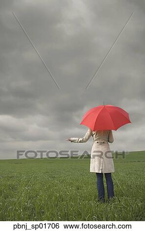 Rear view of woman holding umbrella in field View Large Photo Image Stock Photograph - Rear view of woman holding umbrella in field. Fotosearch