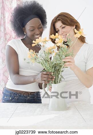 Two women arranging flowers View Large Photo Image Stock Photo - Two women arranging flowers. Fotosearch