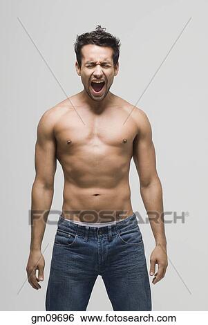 Bare-chested Hispanic man yelling View Large Photo Image Stock Photograph - Bare-chested Hispanic man yelling. Fotosearch