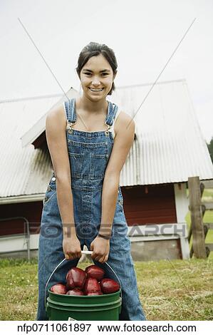 Girl carrying bucket of apples on farm View Large Photo Image Stock Photo - Girl carrying bucket of apples on farm. Fotosearch