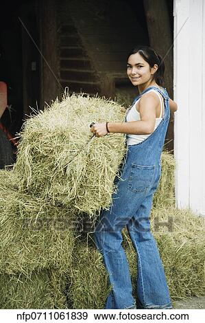 Girl stacking bales of hay View Large Photo Image Stock Photo - Girl stacking bales of hay. Fotosearch