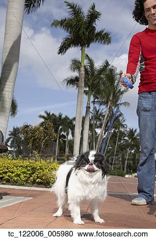Stock Image - Hispanic man walking dog. Fotosearch