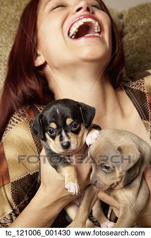 Stock Image - Hispanic woman holding puppies. Fotosearch