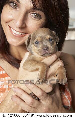 Hispanic woman holding puppy View Large Photo Image Stock Image - Hispanic woman holding puppy. Fotosearch