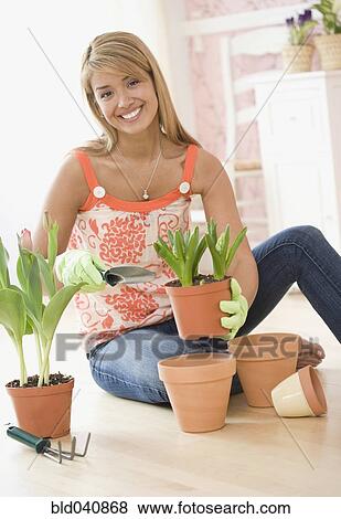Hispanic woman potting plants View Large Photo Image Stock Photo - Hispanic woman potting plants. Fotosearch
