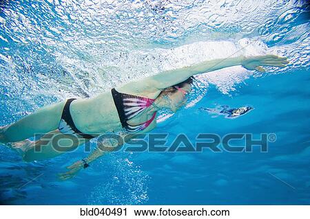 Stock Image - Underwater shot of Asian woman swimming. Fotosearch