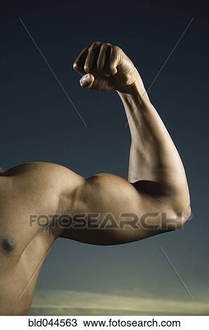 Stock Image - African American man flexing biceps. Fotosearch