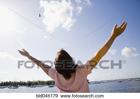 Hispanic woman with arms raised View Large Photo Image Stock Photo - Hispanic woman with arms raised. Fotosearch
