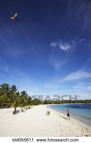 Stock Image - Hispanic boy flying kite at beach. Fotosearch