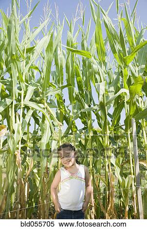 Stock Photography - Hispanic girl in front of corn field. Fotosearch