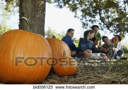 Stock Photography - Pumpkins with family in background. Fotosearch