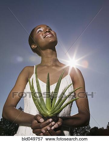 African woman holding aloe plant View Large Photo Image Stock Photo - African woman holding aloe plant. Fotosearch