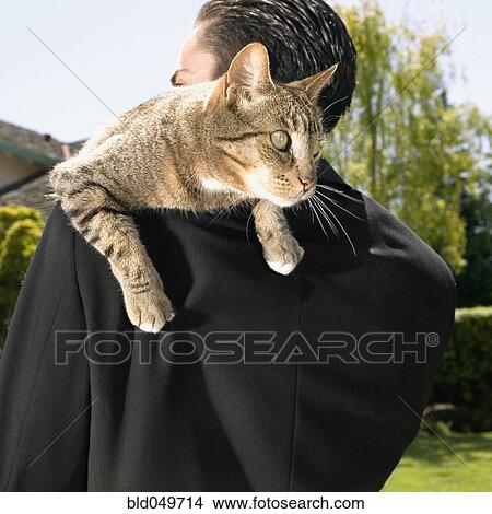 Picture - Cat on Hispanic businessman’s shoulder. Fotosearch