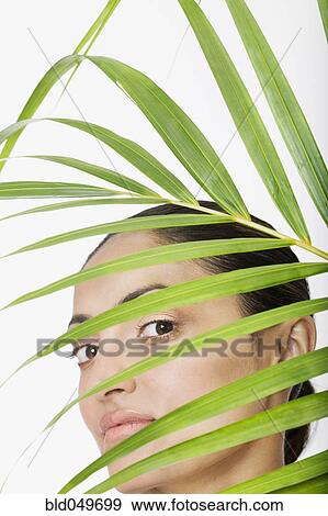 Indian woman behind palm frond View Large Photo Image Stock Photo - Indian woman behind palm frond. Fotosearch