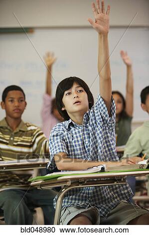 Multi-ethnic students raising hands in class View Large Photo Image Stock Image - Multi-ethnic students raising hands in class. Fotosearch