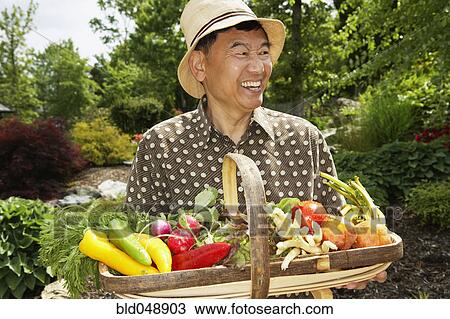 Stock Image - Senior Asian man holding basket of vegetables. Fotosearch