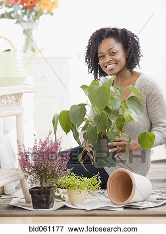 Stock Photo - African woman holding potted plant. Fotosearch