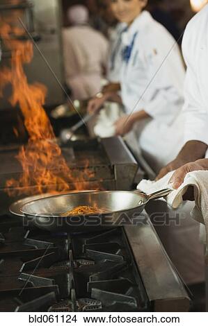 Picture - Food flaming in pan. Fotosearch