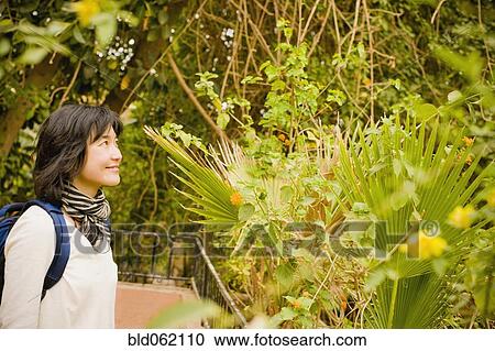 Japanese woman walking in exotic forest View Large Photo Image Stock Image - Japanese woman walking in exotic forest. Fotosearch