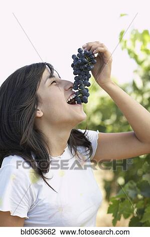 Stock Image - Hispanic woman eating red grapes in vineyard. Fotosearch