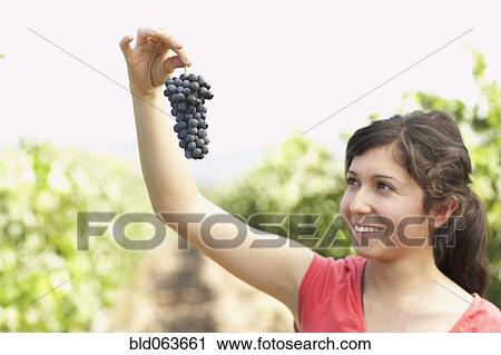 Stock Image - Hispanic woman holding bunch of red grapes. Fotosearch