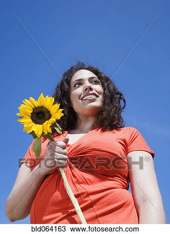 Mixed race woman holding sunflower outdoors View Large Photo Image Stock Image - Mixed race woman holding sunflower outdoors. Fotosearch