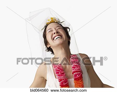 Asian woman in wedding dress and lei View Large Photo Image Stock Image - Asian woman in wedding dress and lei. Fotosearch