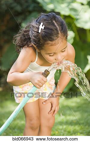 Stock Image - Hispanic girl drinking from hose. Fotosearch