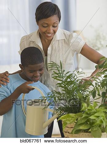 African mother and son watering plants together View Large Photo Image Stock Image - African mother and son watering plants together. Fotosearch