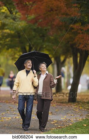 Picture - African couple walking with umbrella in autumn. Fotosearch