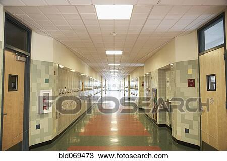 Stock Photo of Empty school hallway with lockers bld069473 - Search ...