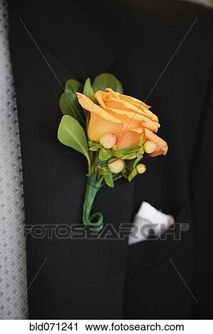 Stock Image - Close up of boutonniere on lapel. Fotosearch