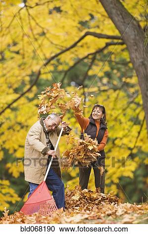 Stock Image - Hispanic couple playing with autumn leaves. Fotosearch