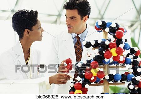 Stock Photograph - Scientists examine model of molecule. Fotosearch