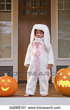 Stock Photo - Young Chinese girl in rabbit costume with Halloween pumpkins. Fotosearch