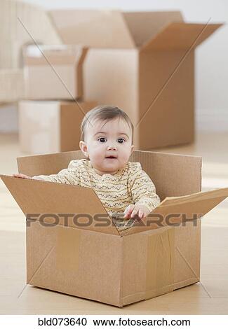 Stock Image - Mixed race baby girl sitting in cardboard box. Fotosearch