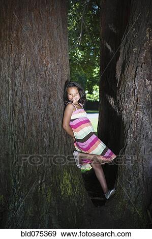 Stock Photo - Mixed race girl standing between tree trunks. Fotosearch