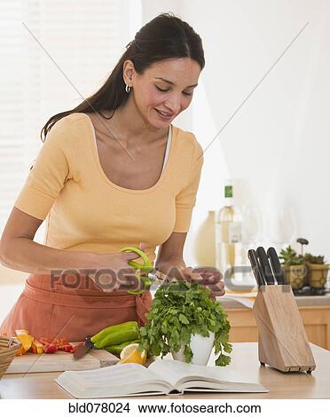 Picture - Hispanic woman cutting herbs. Fotosearch