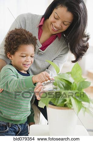 Picture - Mixed race mother helping son water plants. Fotosearch