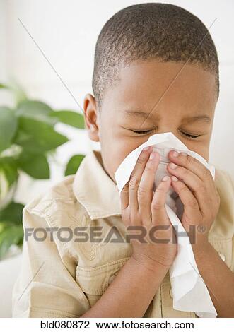 African American boy sneezing into tissue View Large Photo Image Stock Image - African American boy sneezing into tissue. Fotosearch