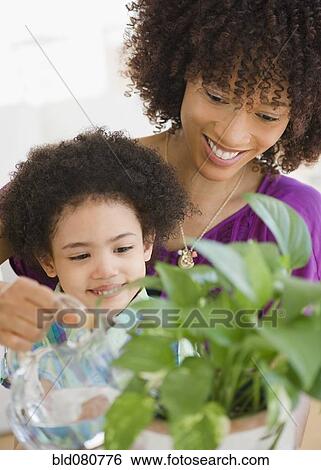 Mother and daughter watering potted plant View Large Photo Image Stock Photograph - Mother and daughter watering potted plant. Fotosearch