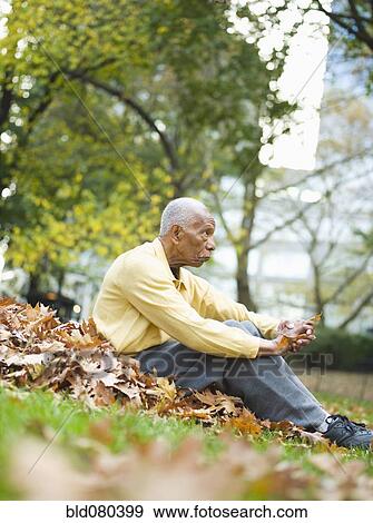 Stock Photo - Senior man sits in autumn leaves in park. Fotosearch