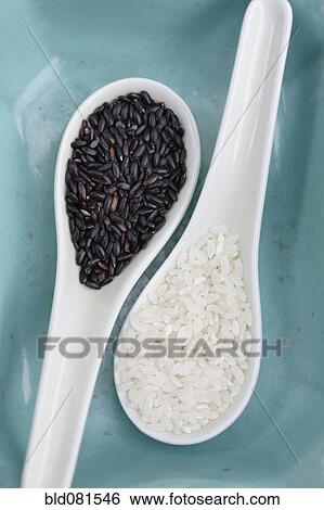 Stock Photograph - Black and white rice on spoons. Fotosearch