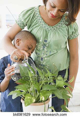 Stock Photo - Black mother and son watering plant. Fotosearch
